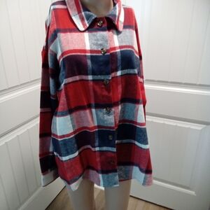 Traleubie Women's Flannel Red and Blue Plaid Button-Up Long Sleeve Shirt Sz XL